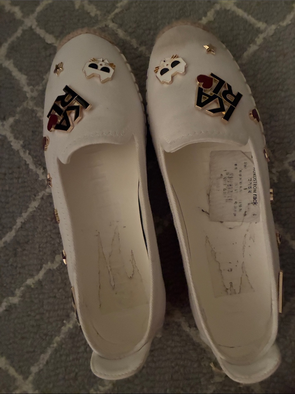 Karl Lagerfeld White Slip-On Flats with Gold Black and Red Embellishments
